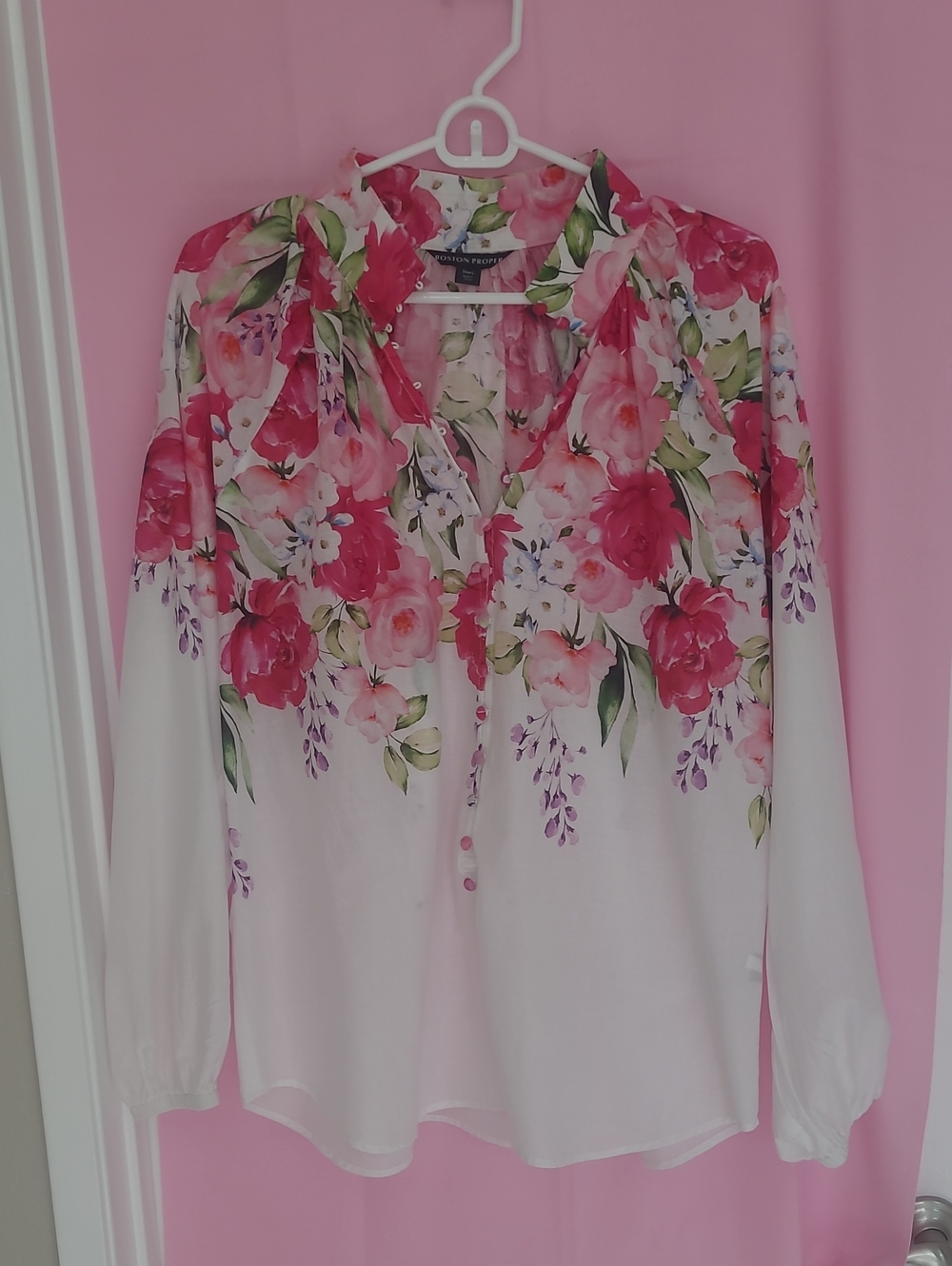 Boston Proper Floral Button-Front Blouse - Pink/White